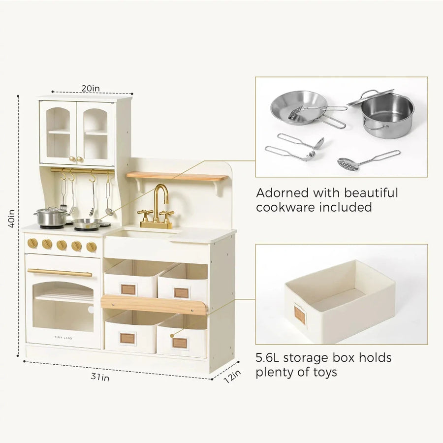Image of the play kitchen on the left with two image boxes on the right. One shows a pan, pot with lid, and several utensils and is labeled, 