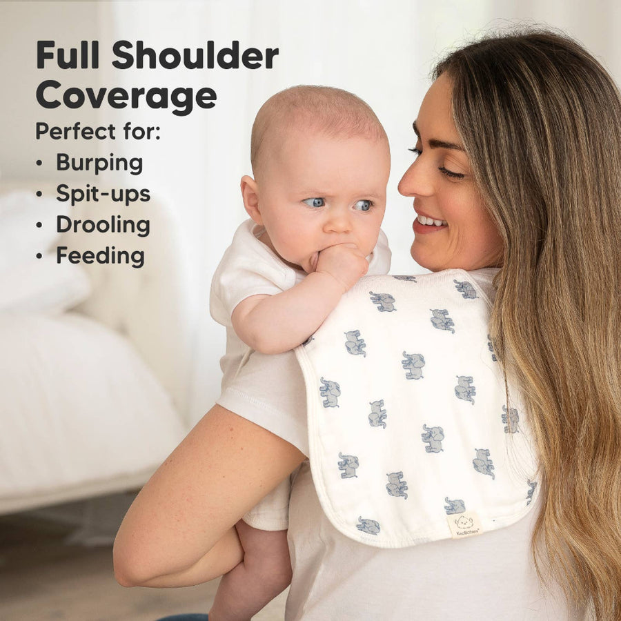 Woman holding a baby with a bib, text about full shoulder coverage