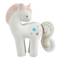 Picture of the natural rubber unicorn crinkle teether against a white background. 