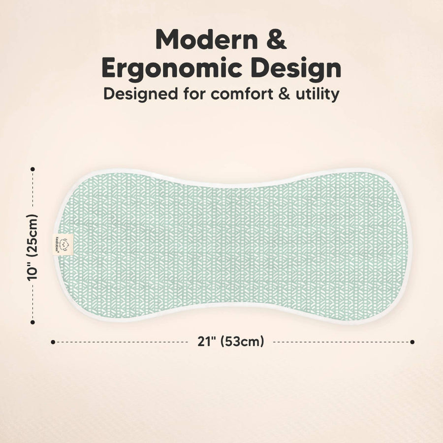 Mint green burp cloth with dimensions on a beige background