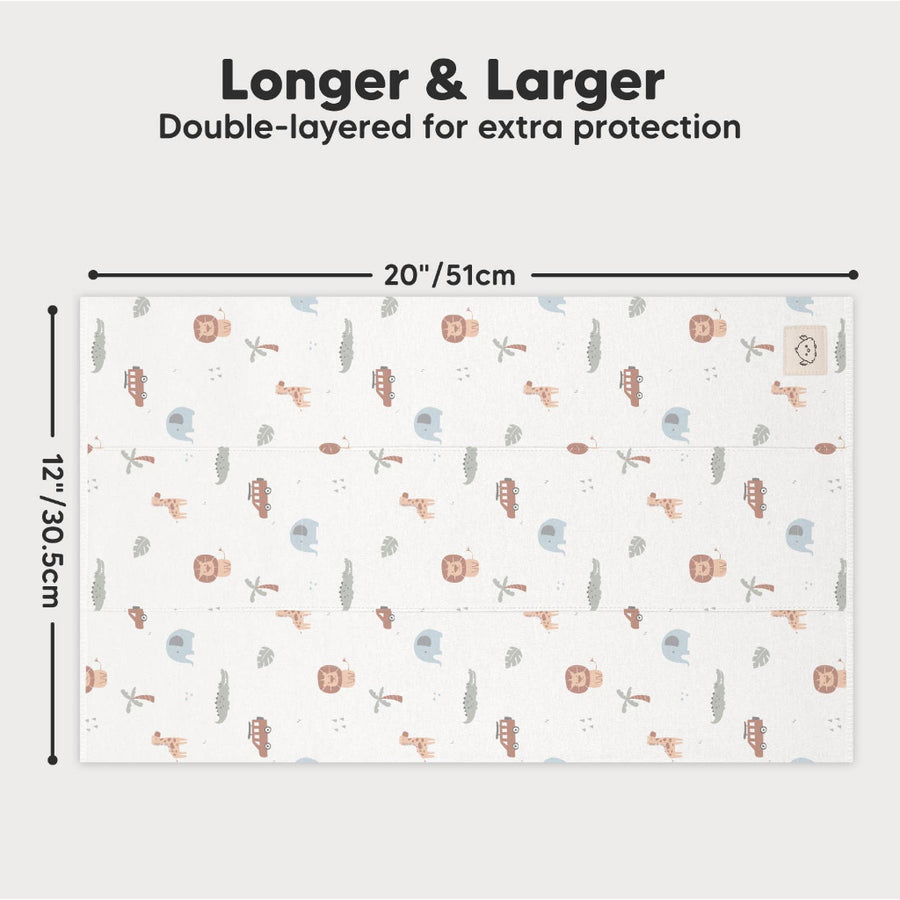 Measurement chart showing a double-layered product with animal pattern, dimensions, and text about extra protection.