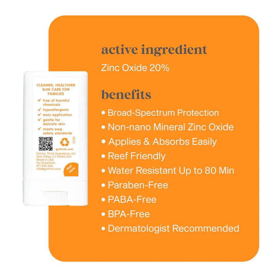 An infographic on an orange square background with a small superimposed picture of the back of the sunscreen. The infographic text reads, 
