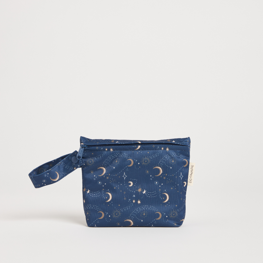 Blue pouch with celestial pattern on a white background