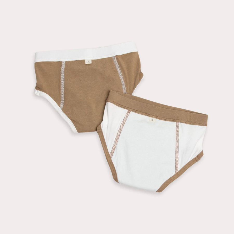 Pair of brown and white underwear on a light gray background