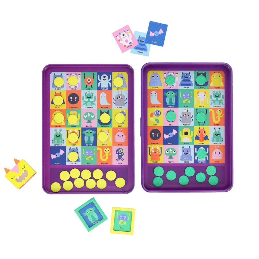 Two colorful educational games with character cards on a white background