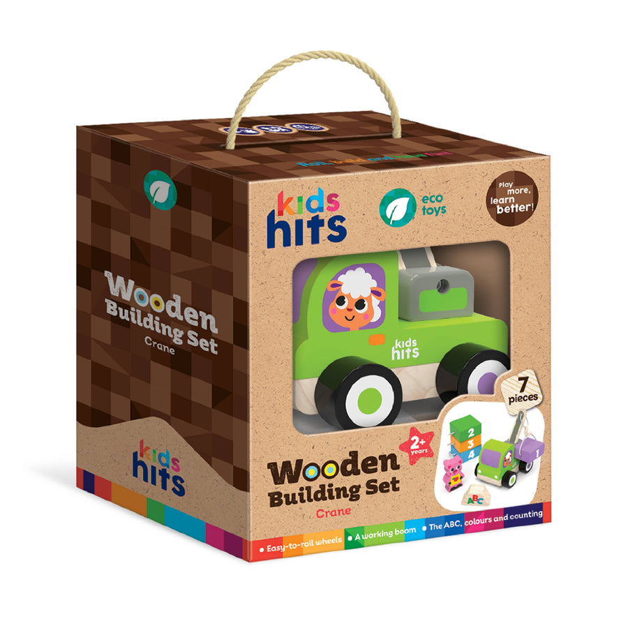 Boxed wooden toy set with crane design, featuring 'kids hits' branding.