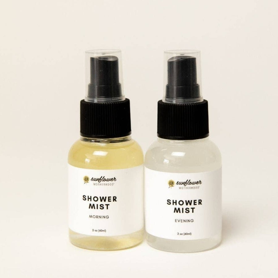 Image shows the Morning & Evening shower mist bottles against a white background
