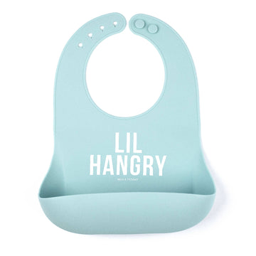 Light blue bib with 'LIL HANGRY' text on a white background