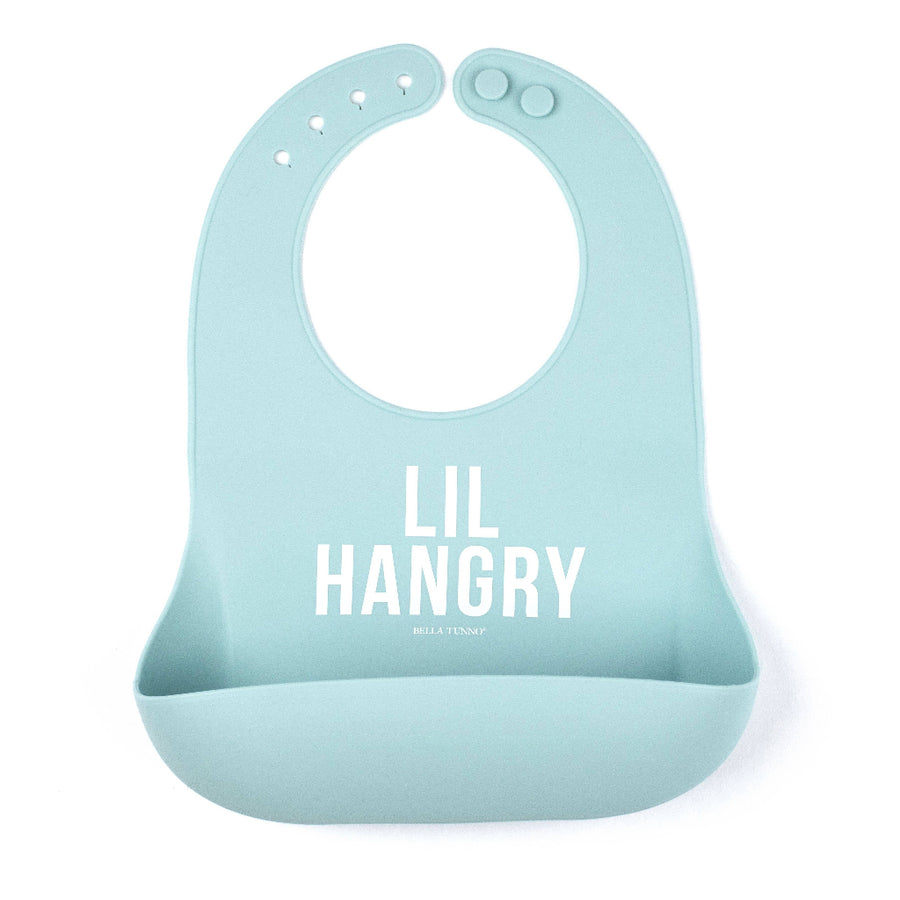 Light blue bib with 'LIL HANGRY' text on a white background