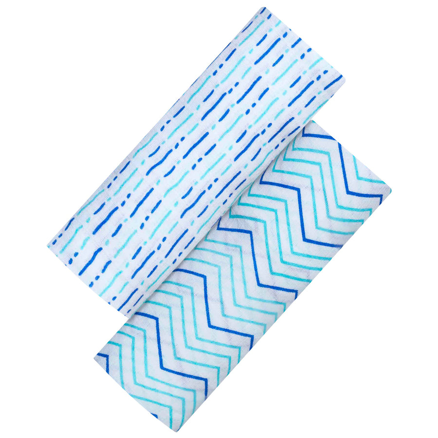 Two fabric swaddles with blue and white patterns on a white background