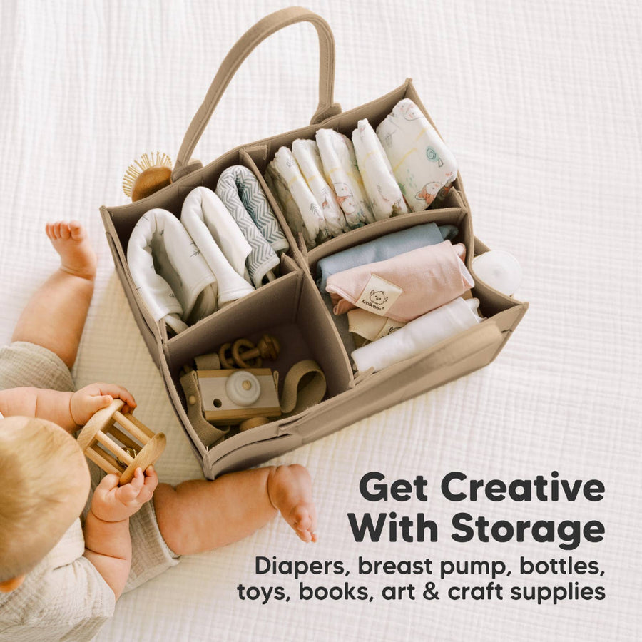 Storage bag filled with baby items on a white background