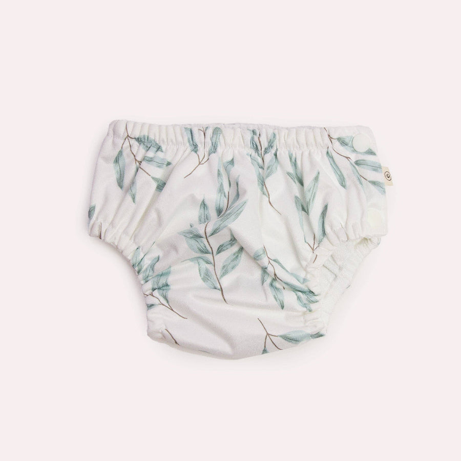 Baby swim diaper with leaf pattern on a white background