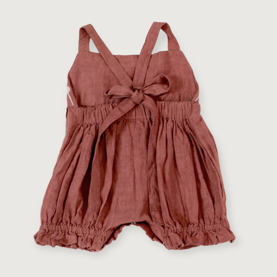 Embroidered Bubble Baby Natural Linen Romper - Terracotta