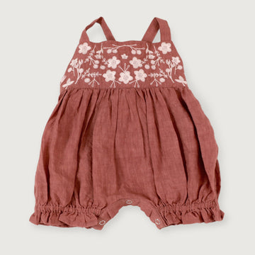Embroidered Bubble Baby Natural Linen Romper - Terracotta