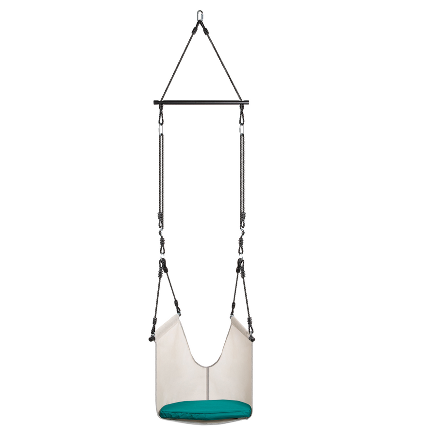 White and teal swing with black straps on a white background