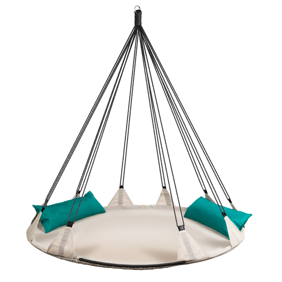 Hanging chair with teal cushions on a white background