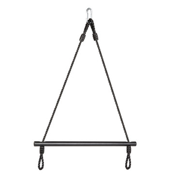 Black metal swing bar with rope on a white background