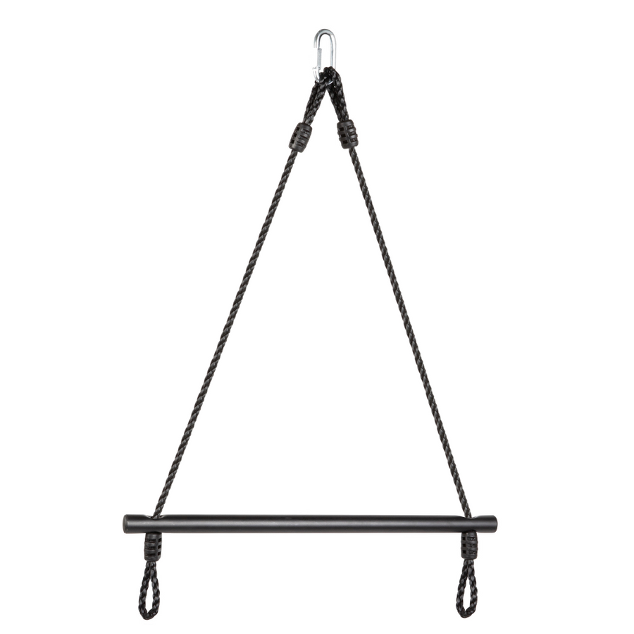 Black metal swing bar with rope on a white background