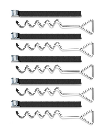 Set of metal corkscrew stakes with black straps on a white background