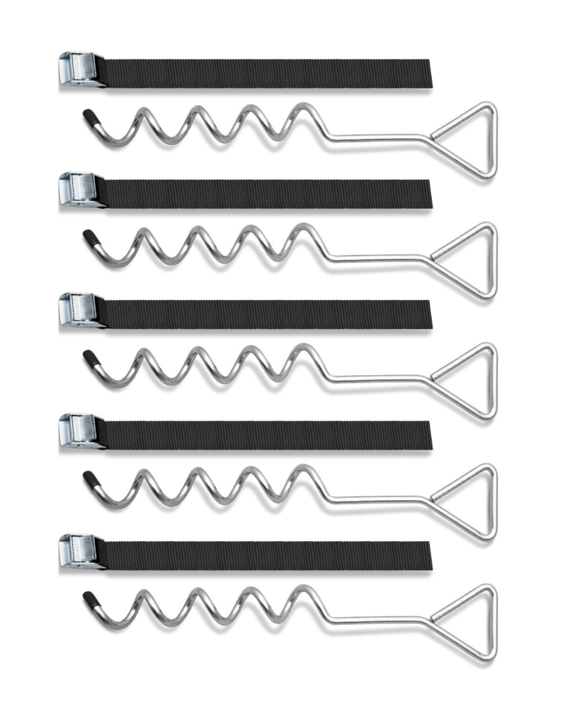 Set of metal corkscrew stakes with black straps on a white background