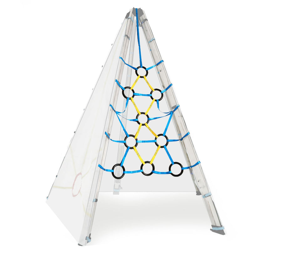 Geometric pyramid structure with colored lines on a white background