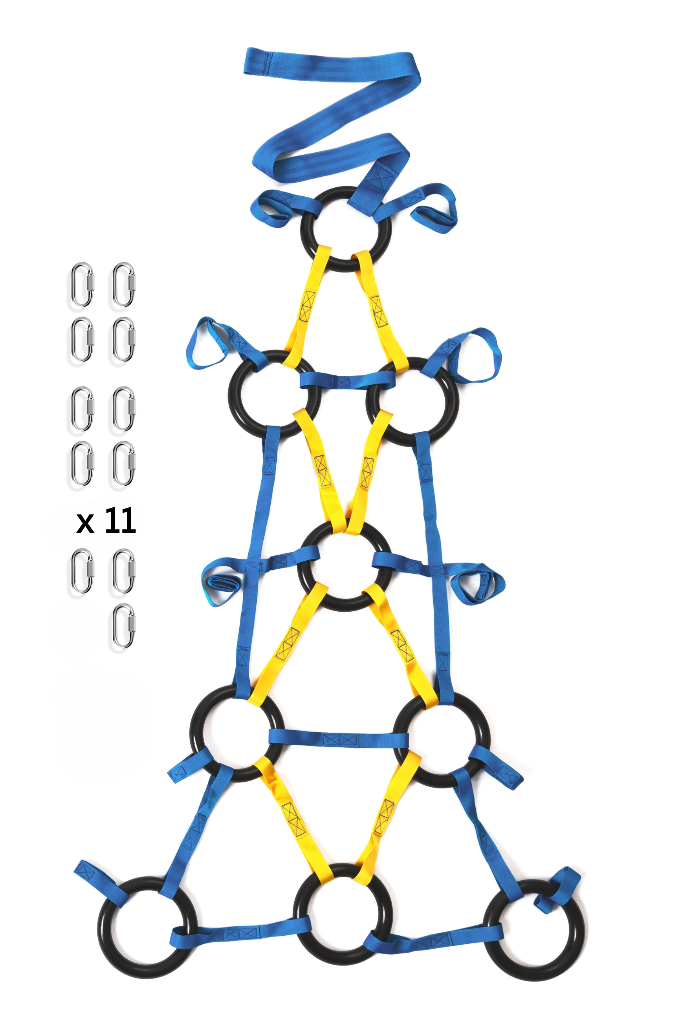 Tumbling tower with blue and yellow ropes on a white background