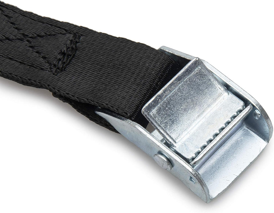 Black strap with metal buckle on a white background