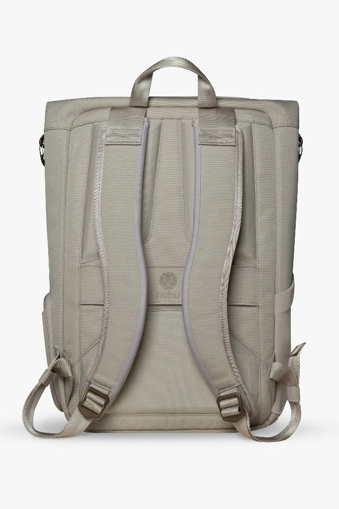 Beige backpack with visible brand logo on a white background