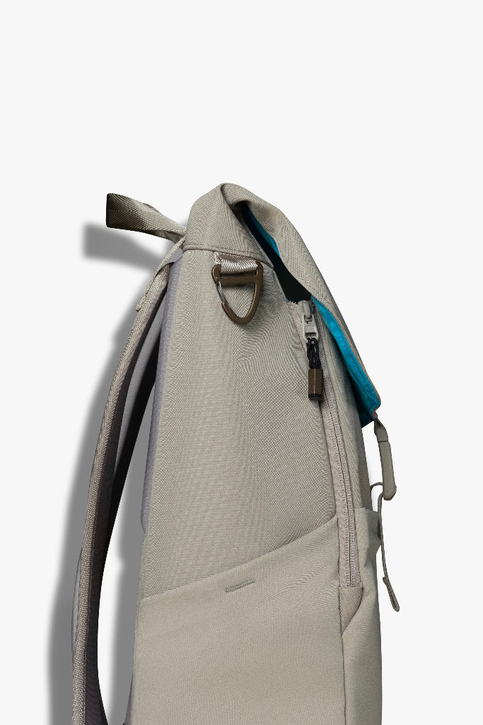 Gray backpack with blue accents on a white background