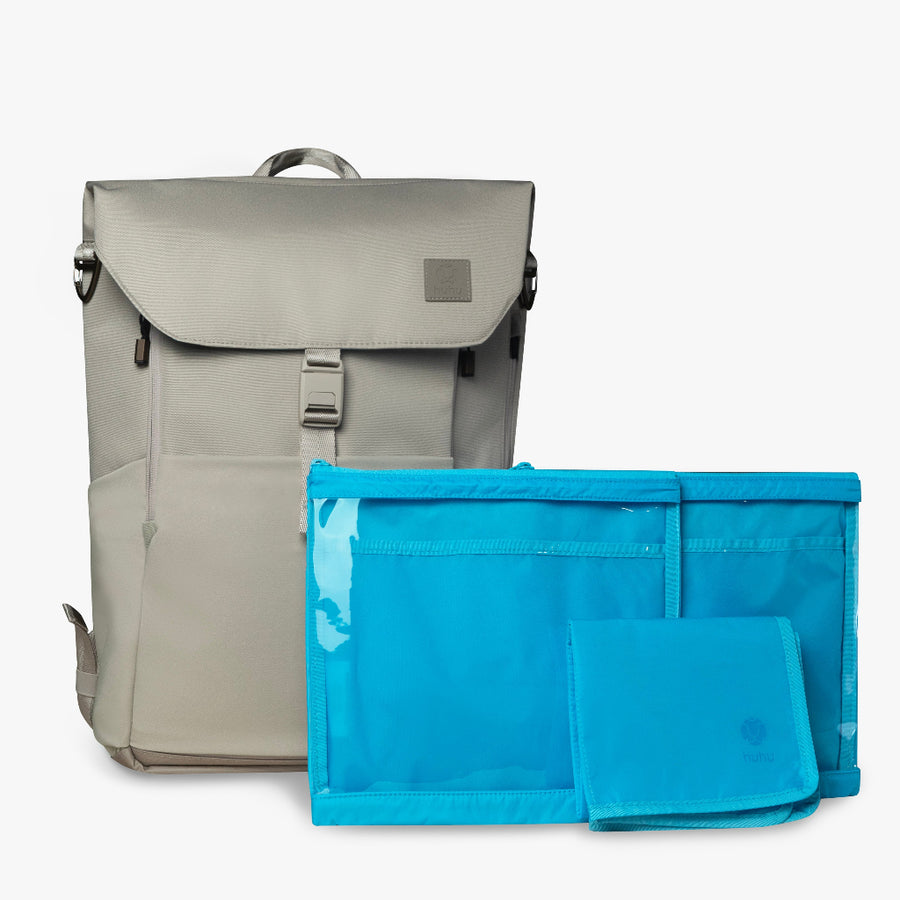 Gray backpack with a blue pouch on a white background