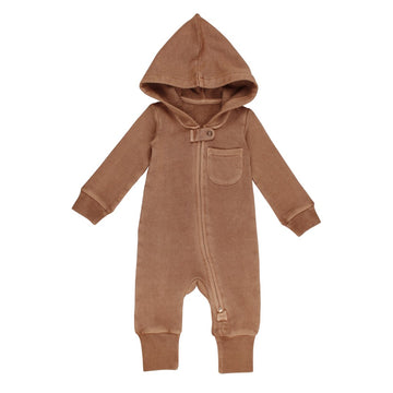 Brown baby romper with a hood on a white background