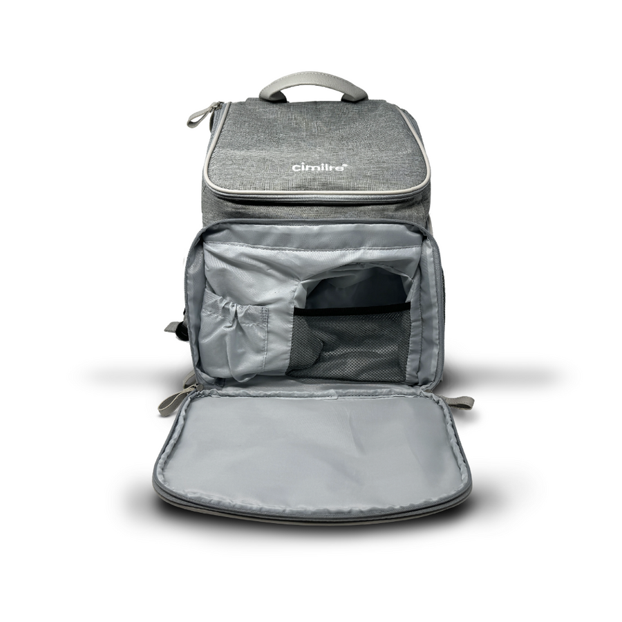 Gray backpack with open front compartment on a white background