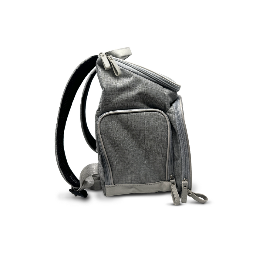 Gray backpack with a black strap on a white background