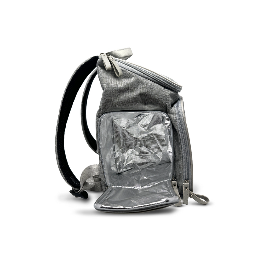 Gray backpack with clear front pocket on a white background