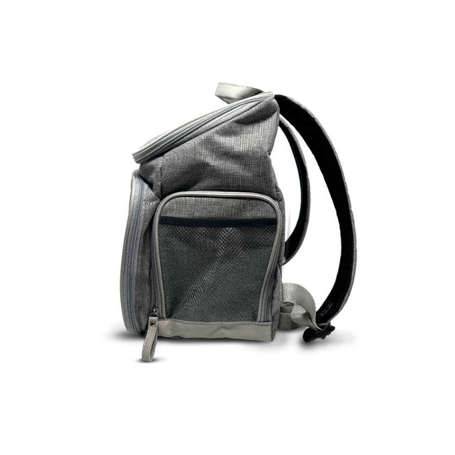 Gray backpack with a black strap on a white background