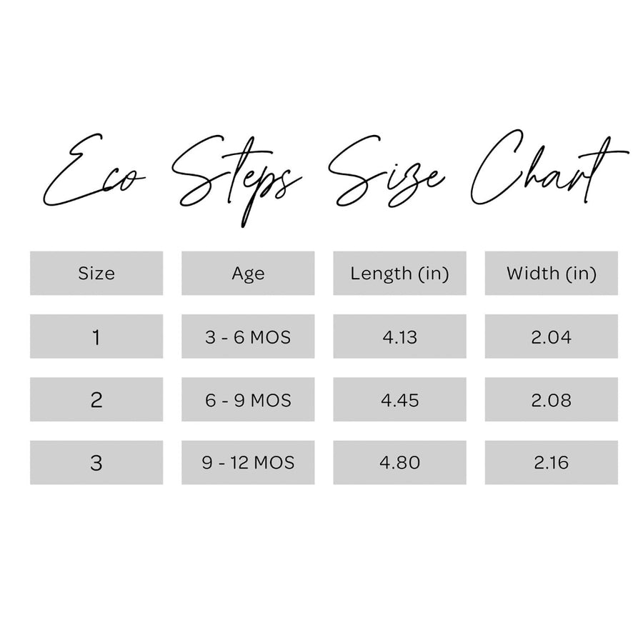 Eco Steps Size Chart with size, age, length, and width measurements on a white background