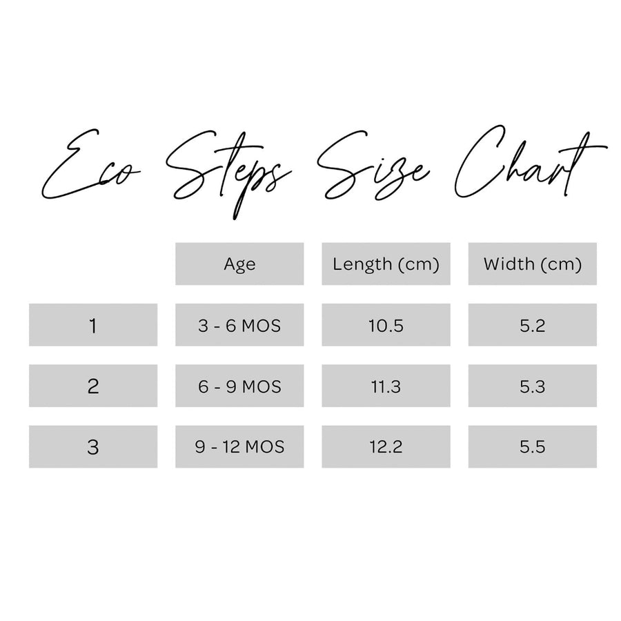 Eco Steps Size Chart with age, length, and width measurements on a white background