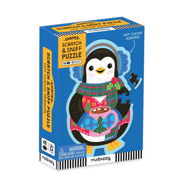 Scratch & Sniff puzzle packaging with a penguin design on a blue background