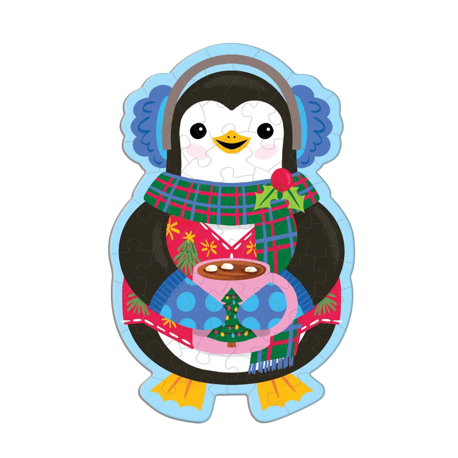 Colorful penguin with a scarf and hot chocolate on a white background