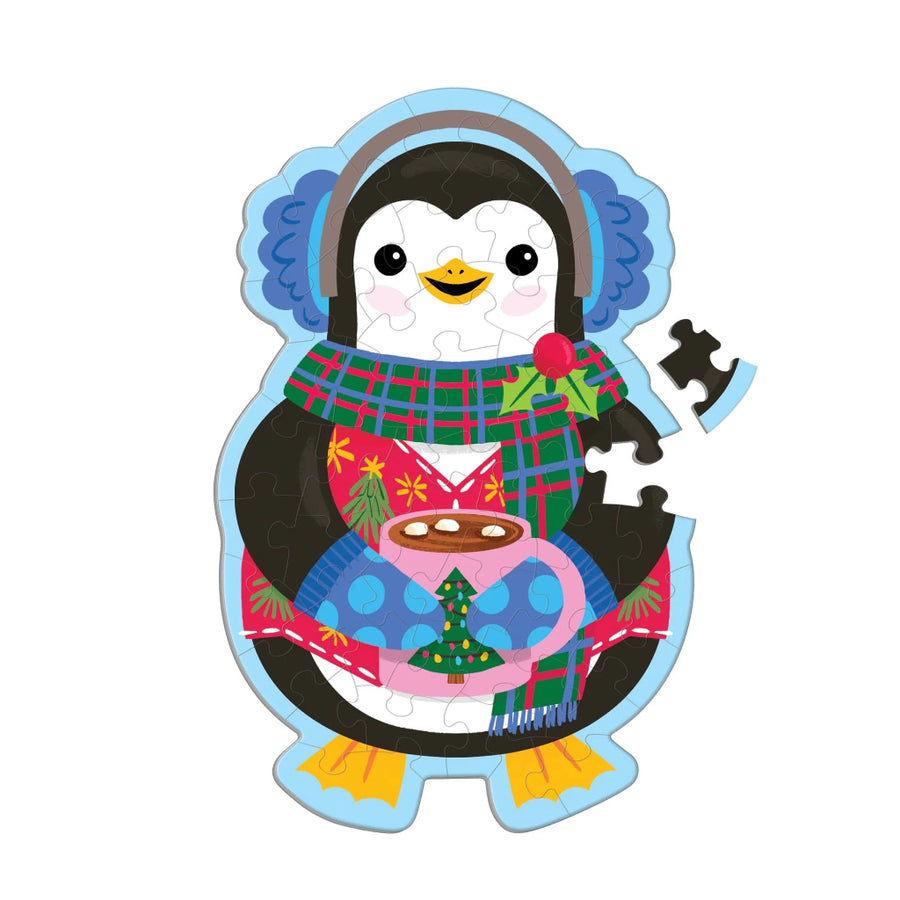 Penguin puzzle piece with colorful scarf and hot chocolate, on a white background