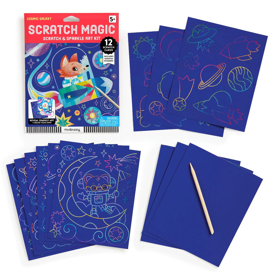 Scratch Magic scratch & sparkle art kit with blue scratch-off sheets and packaging.
