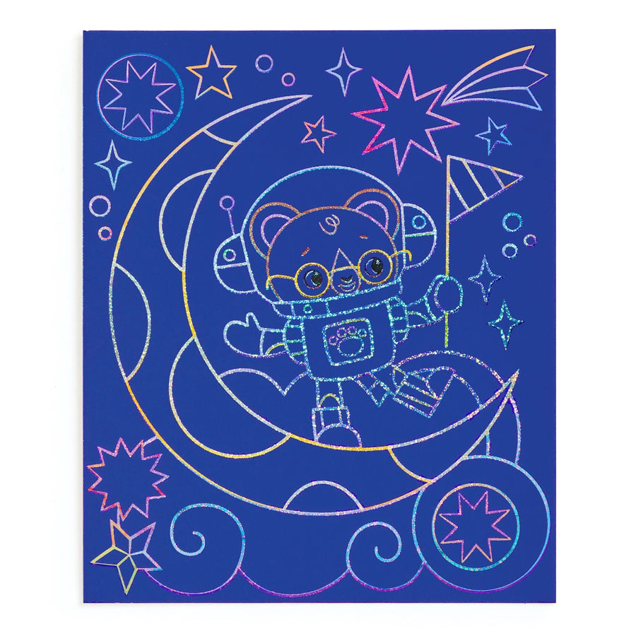 Coloring book page with an astronaut bear on a moon and stars