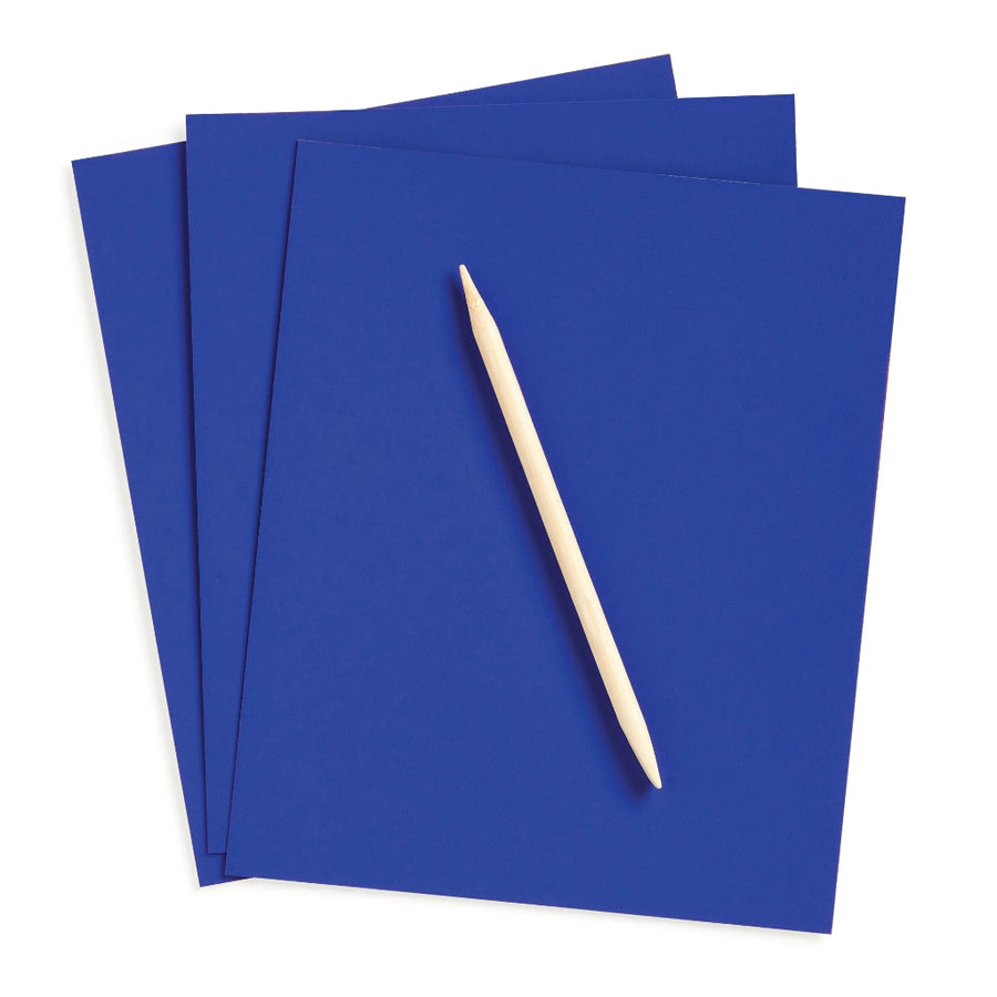 Three blue sheets of paper with a wooden toothpick on a white background