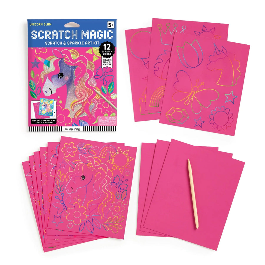Scratch magic art kit with pink scratch-off sheets and a box on a white background