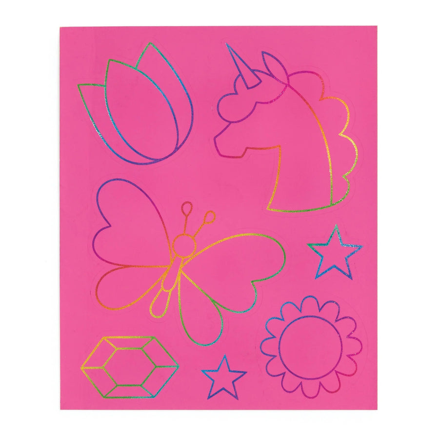 Colorful unicorn, butterfly, flower, and star designs on a pink background