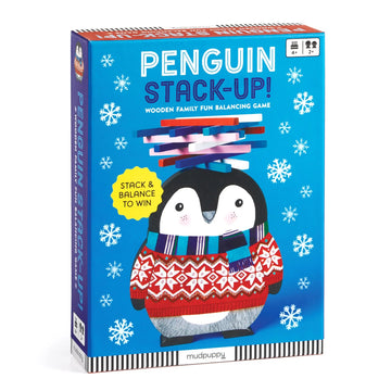 Penguin Stack-Up! game box with a penguin wearing a sweater on a blue background with snowflakes.