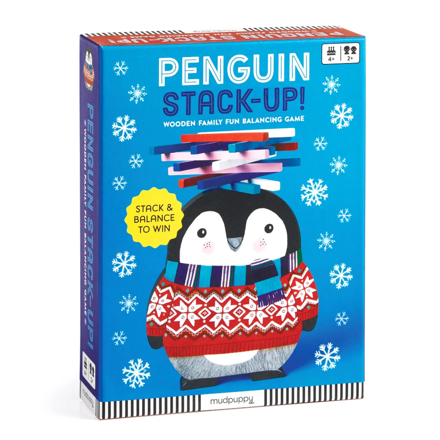 Penguin Stack-Up! game box with a penguin wearing a sweater on a blue background with snowflakes.
