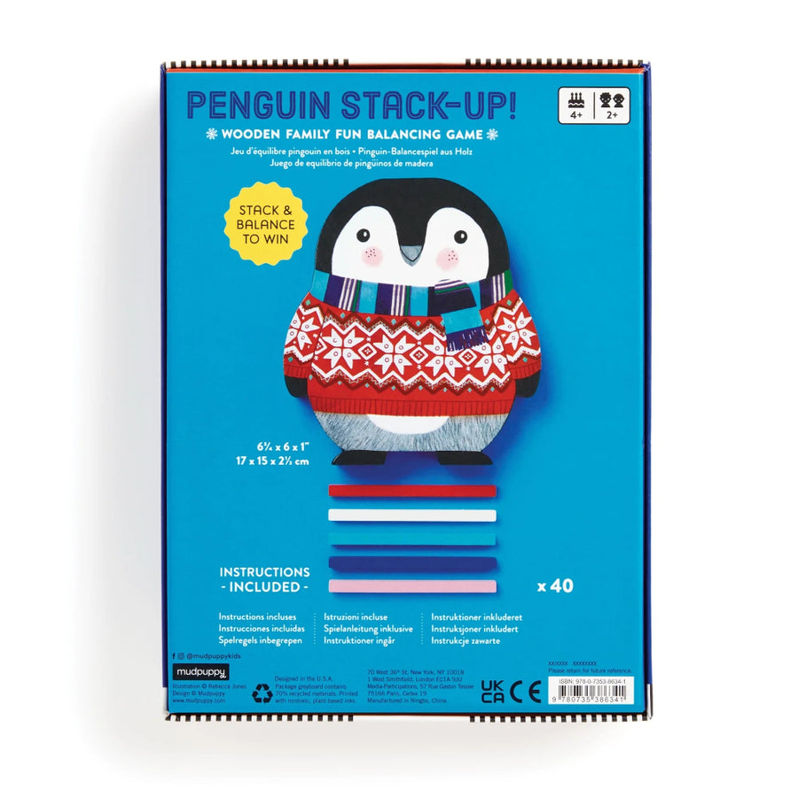 Penguin balancing game packaging with a blue background