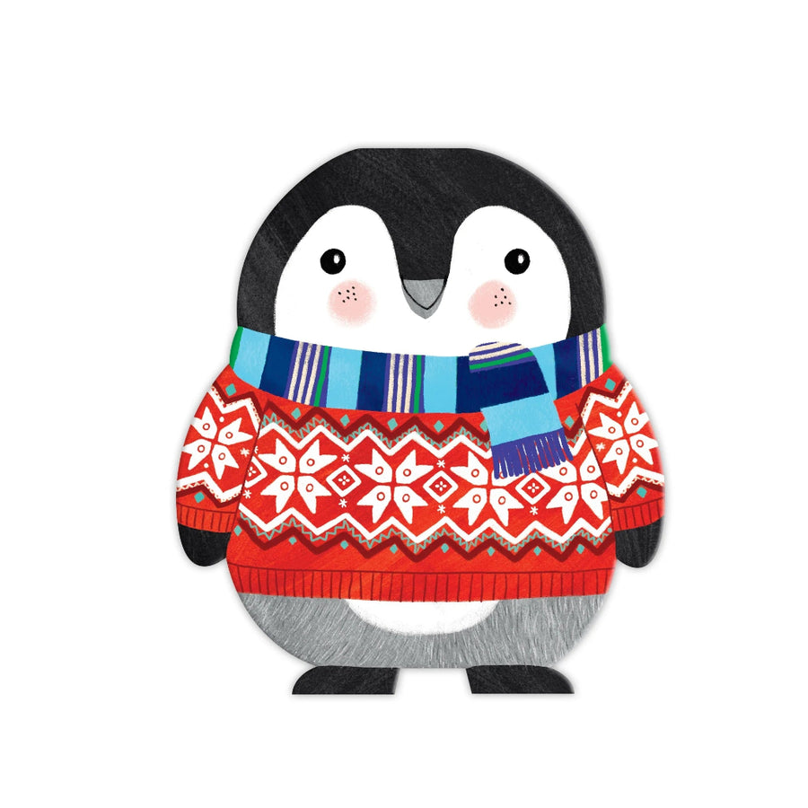 Cartoon penguin wearing a red sweater with white patterns and a blue scarf on a white background
