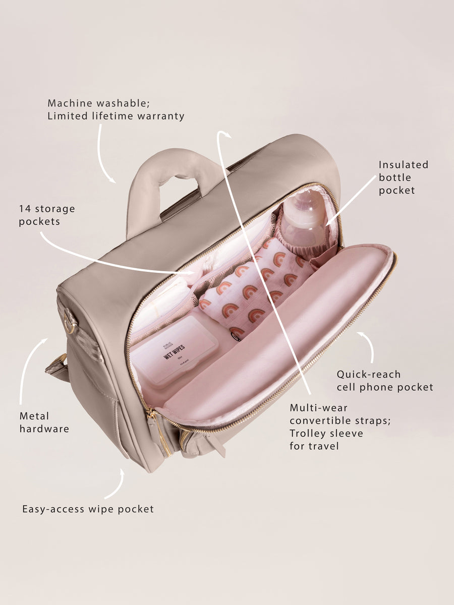 Picture of the satchel unzipped with the following features labeled with arrows: Machine washable; Limited lifetime warranty; Insulated bottle pocket; 14 storage pockets; Quick-reach cell phone pocket; Metal hardware; Multi-wear convertible straps; Trolley sleeve for travel; Easy-access wipe pocket.